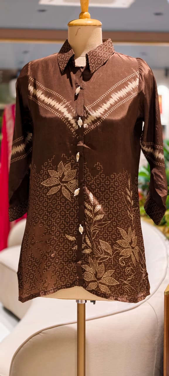 Abstract vertical line floral print Down crepe shirt -15111
