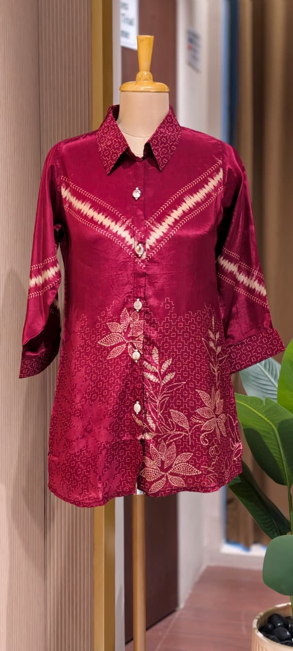 Abstract vertical line floral print Down crepe shirt -15111