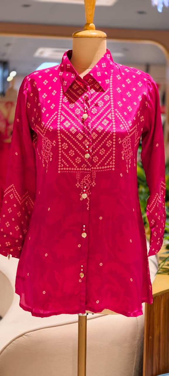 Pure crepe collar  bnadhani print shirt.-14511
