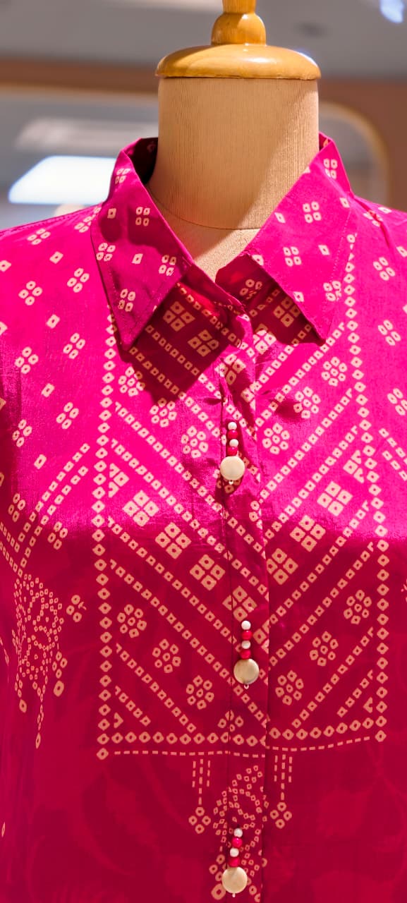 Pure crepe collar  bnadhani print shirt.-14511