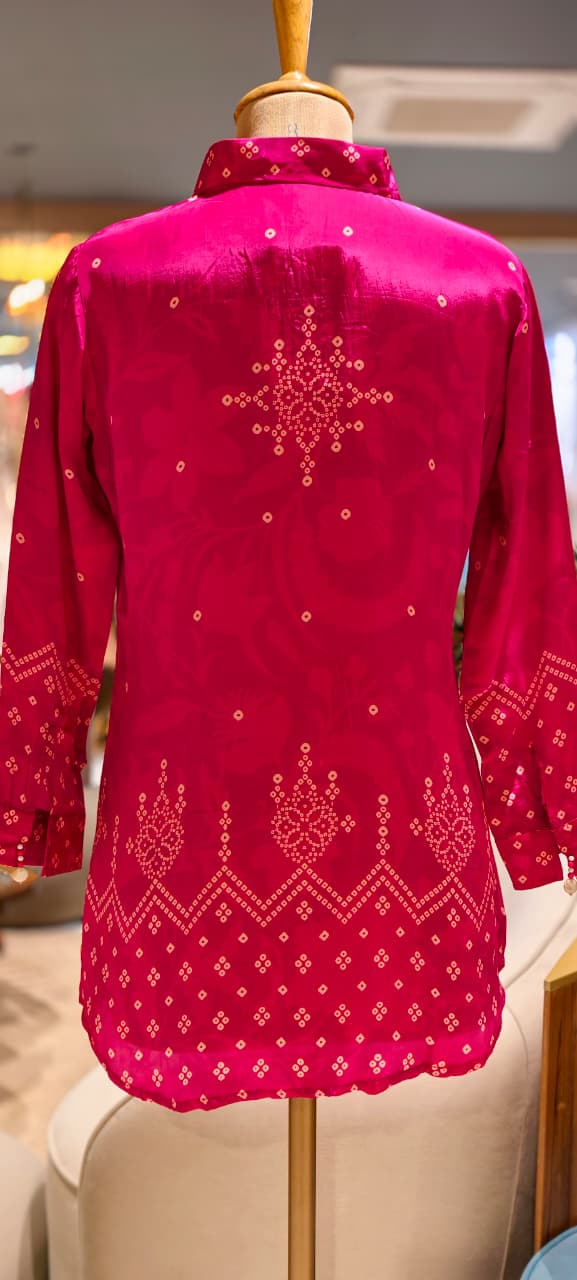 Pure crepe collar  bnadhani print shirt.-14511