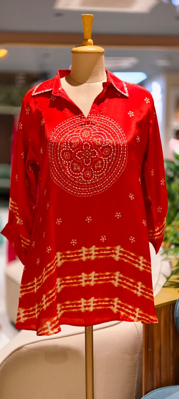 Pure crepe bandhani print circle print tara work shirt-15114