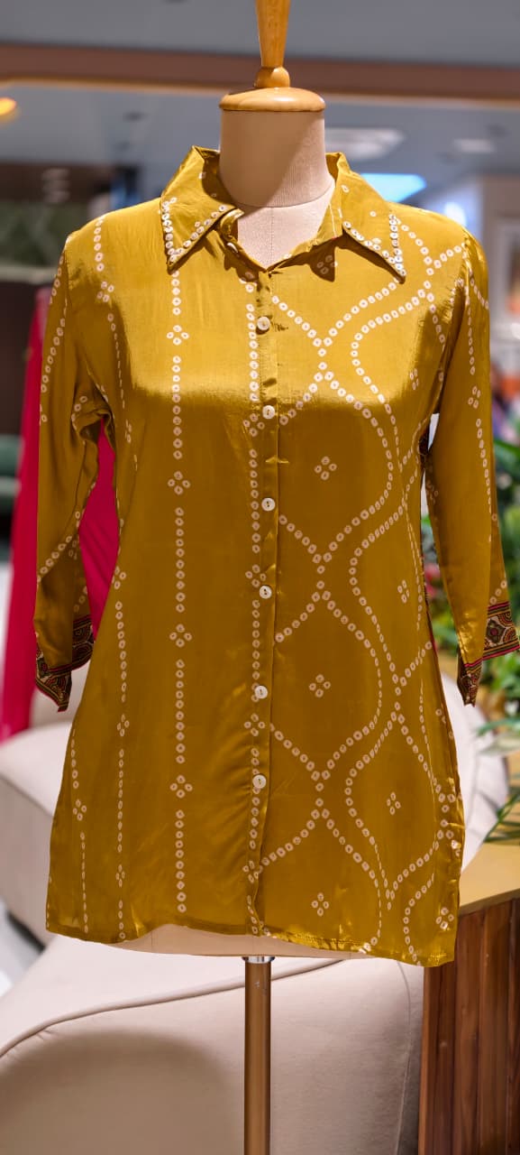 Women's Premium Mustard Bandhani Printed Soft Crepe Casual Shirt Top-15114