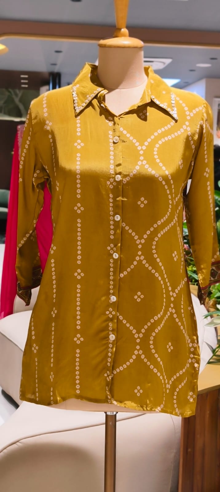 Women's Premium Mustard Bandhani Printed Soft Crepe Casual Shirt Top-15114
