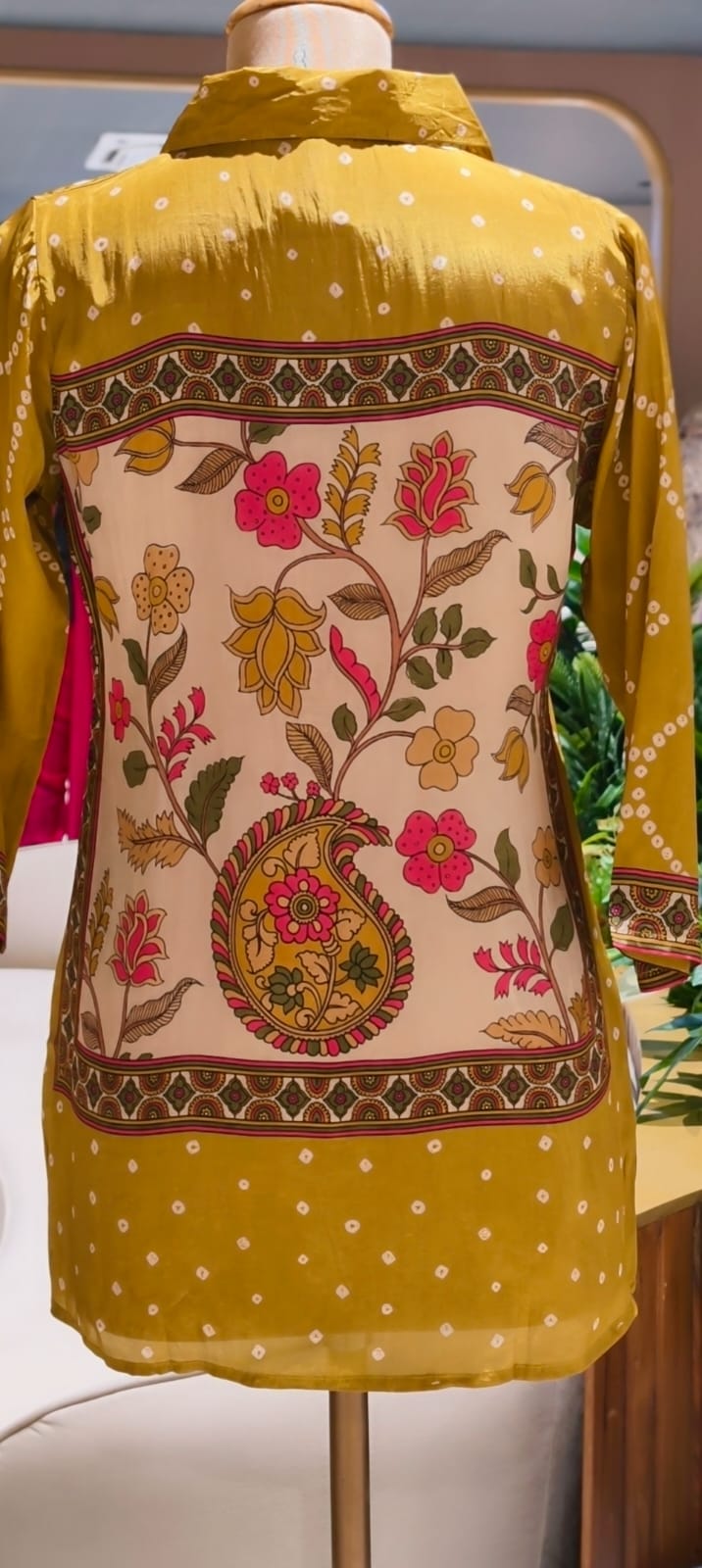 Women's Premium Mustard Bandhani Printed Soft Crepe Casual Shirt Top-15114