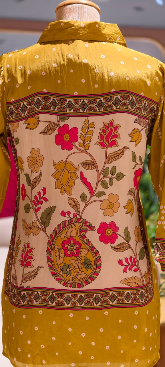 Women's Premium Mustard Bandhani Printed Soft Crepe Casual Shirt Top-15114