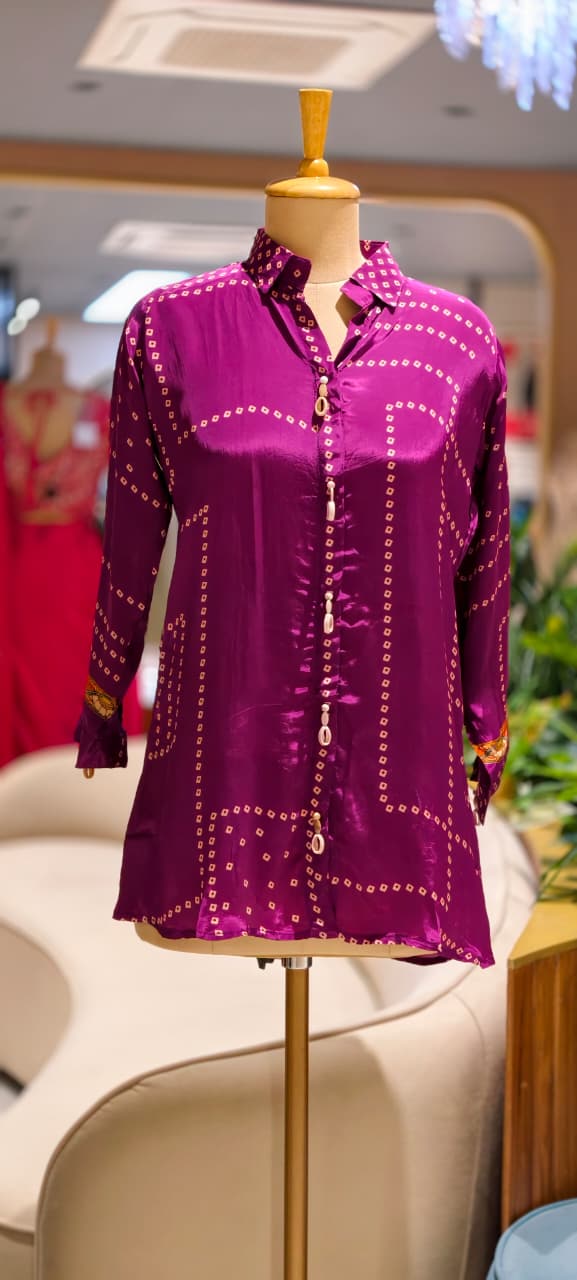 Pure crepe collar shirt with back bird print -15111