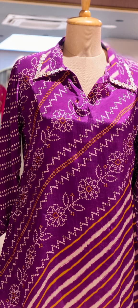Women's Premium Purple Bandhani Floral Printed Soft Crepe Casual Shirt Top-15114