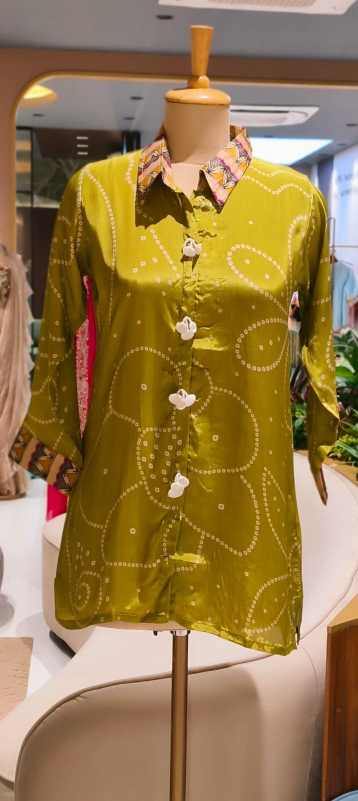 Women's Premium Olive Green & Maroon Bandhani Printed Soft Crepe Casual Shirt Top-