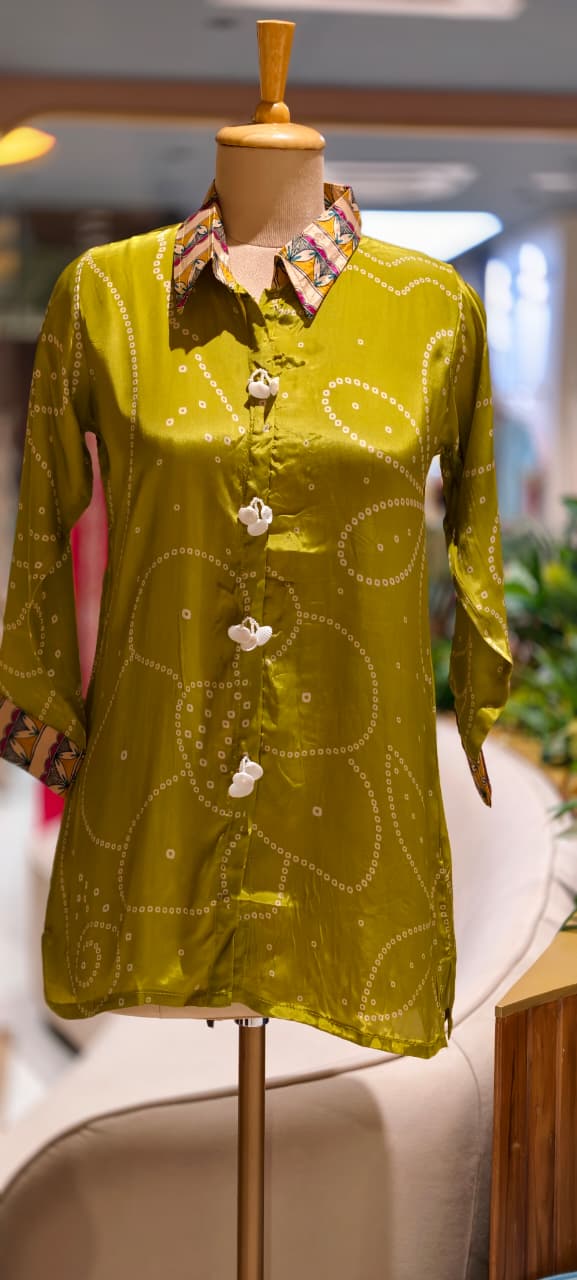 Women's Premium Olive Green & Maroon Bandhani Printed Soft Crepe Casual Shirt Top-