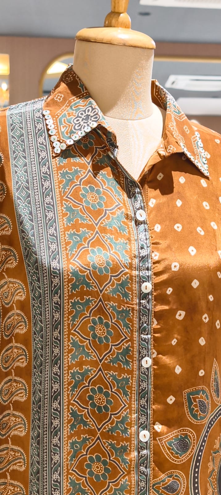 Coffee Brown Paisley & Floral Printed Soft Crepe Full Sleeve Collared Casual Shirt Top-15114