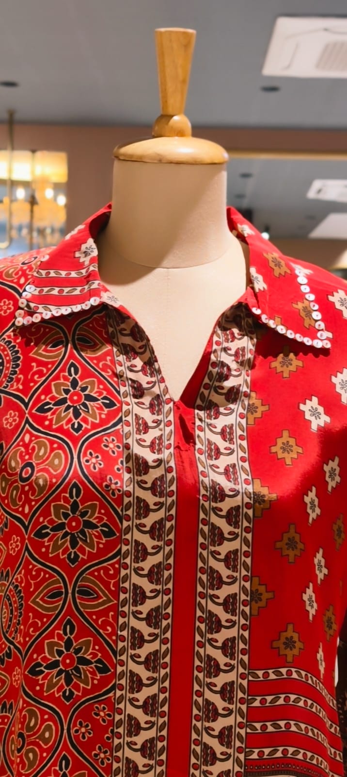 Rust Red Floral & Geometric Printed Soft Crepe Full Sleeve Collared Casual Shirt