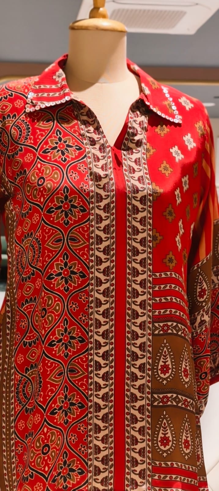 Rust Red Floral & Geometric Printed Soft Crepe Full Sleeve Collared Casual Shirt