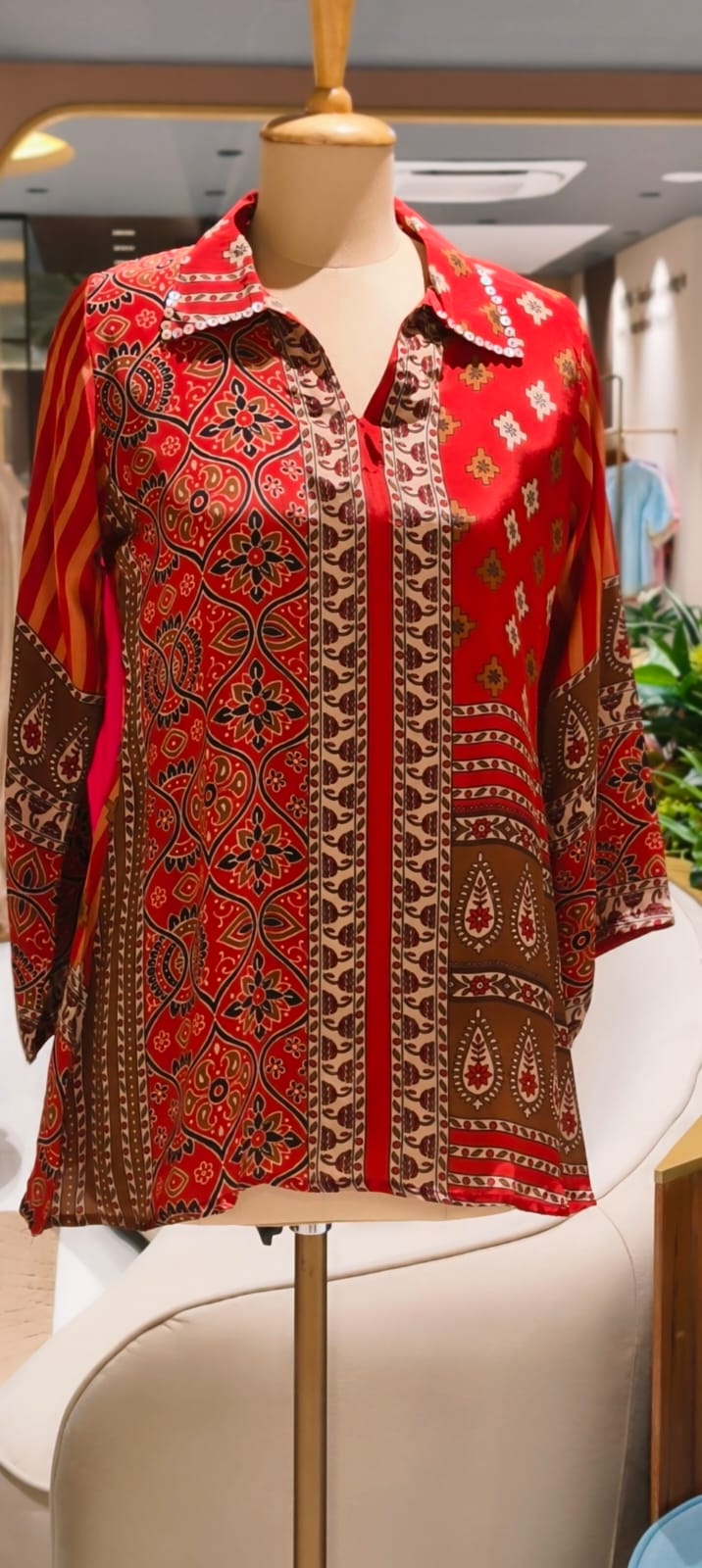 Rust Red Floral & Geometric Printed Soft Crepe Full Sleeve Collared Casual Shirt