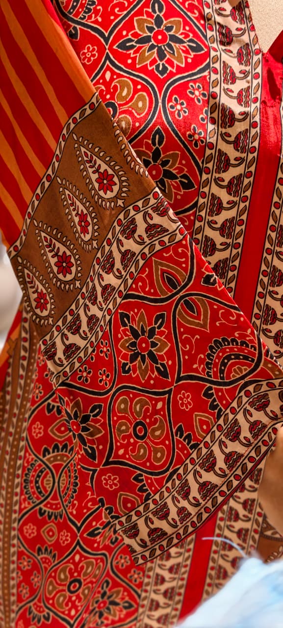 Rust Red Floral & Geometric Printed Soft Crepe Full Sleeve Collared Casual Shirt