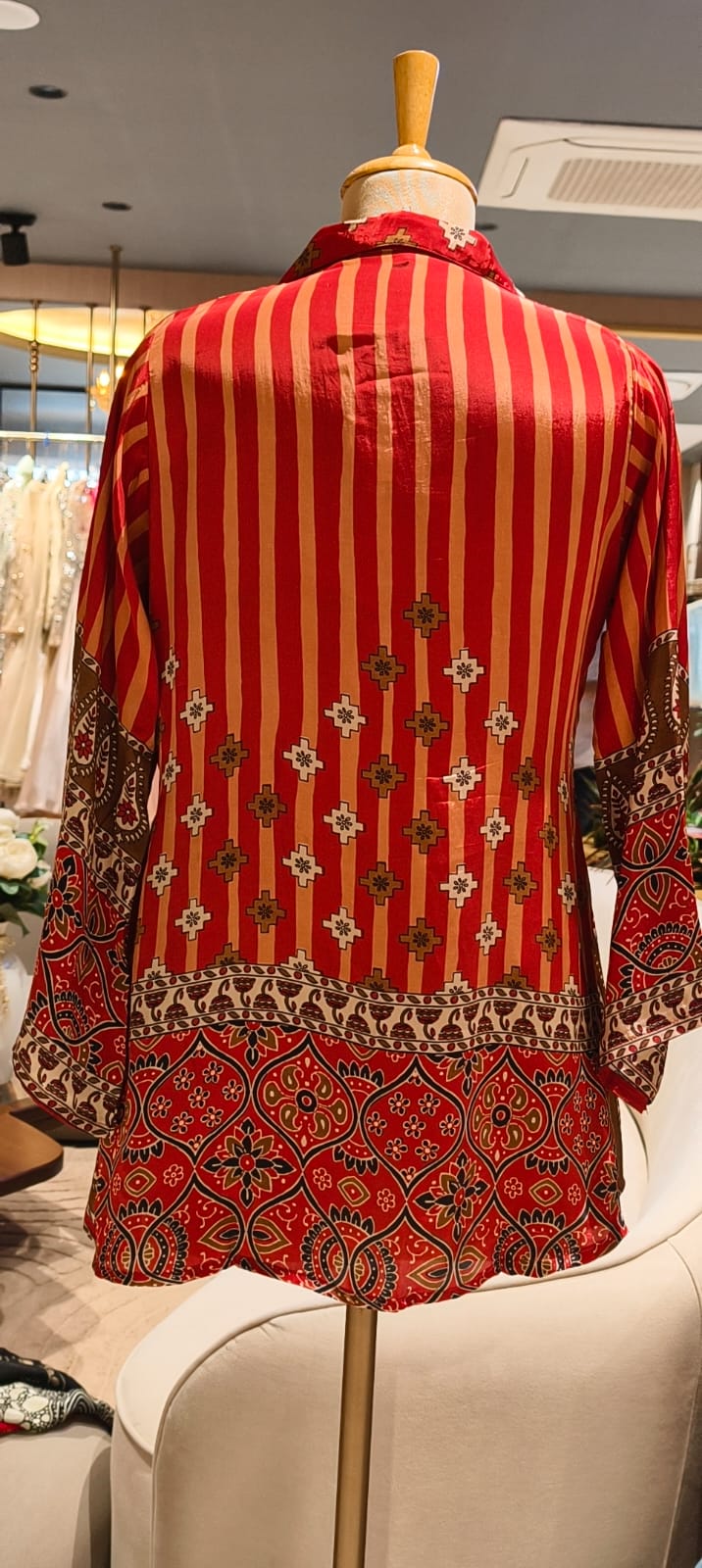 Rust Red Floral & Geometric Printed Soft Crepe Full Sleeve Collared Casual Shirt