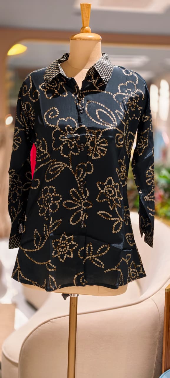 Pure crepe bandhani print back floral print collar shit-