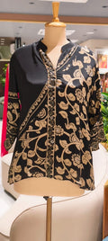 Black & Beige Floral Vine Printed Soft Crepe Full Sleeve Mandarin Collar Casual Shirt-