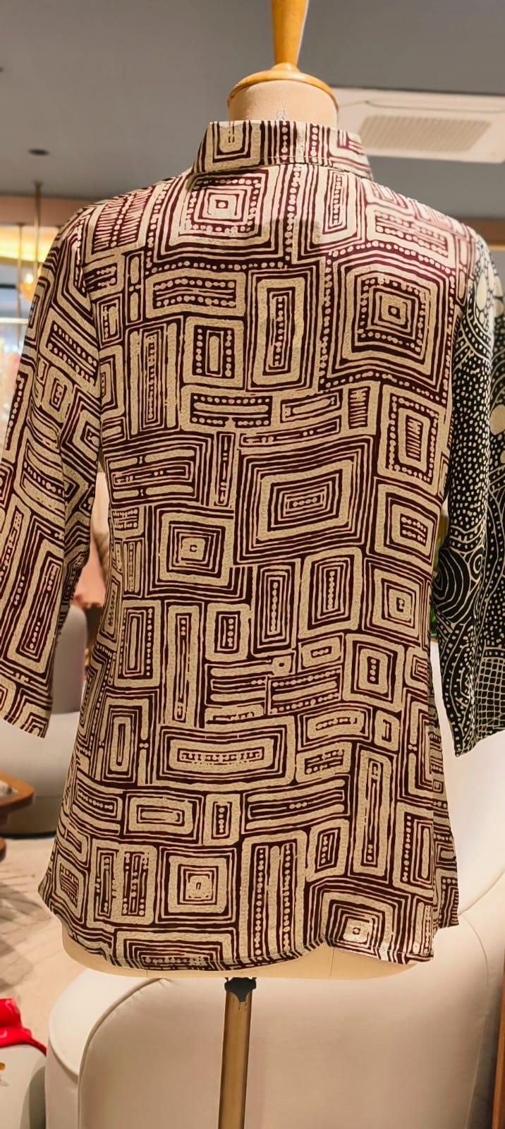 Black & Beige Abstract Geometric Printed Soft Crepe Full Sleeve Mandarin Collar Casual Shirt-