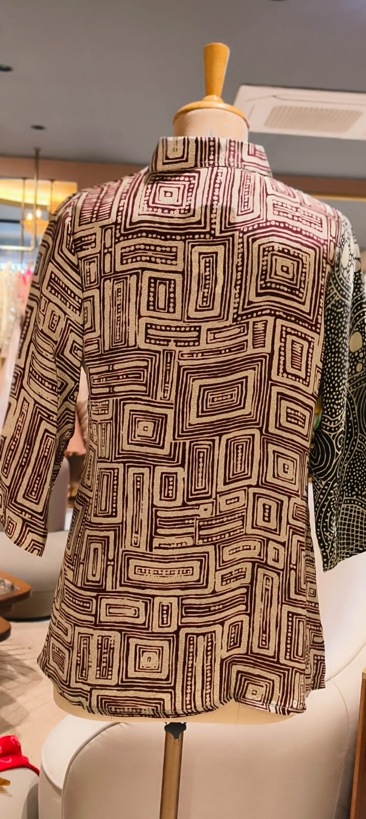 Black & Beige Abstract Geometric Printed Soft Crepe Full Sleeve Mandarin Collar Casual Shirt-