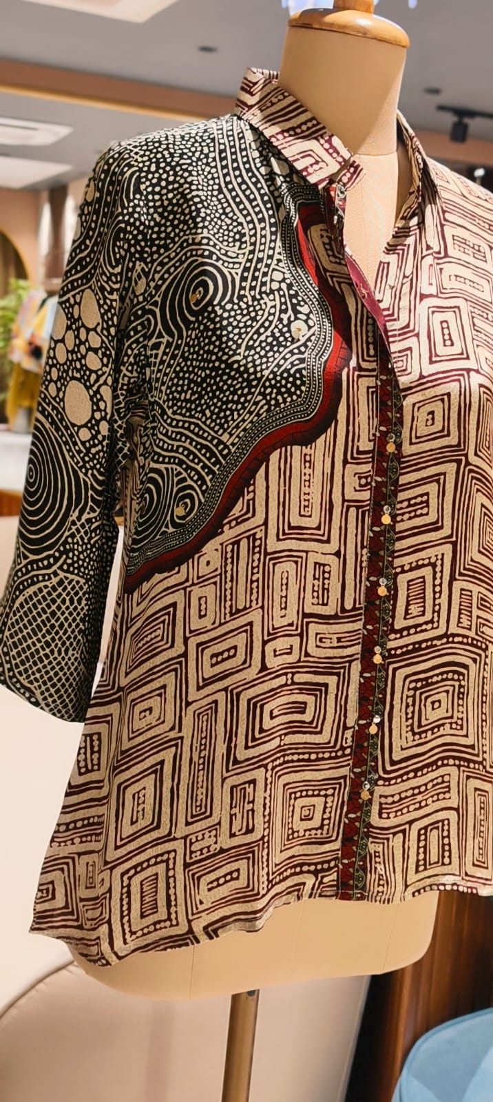 Black & Beige Abstract Geometric Printed Soft Crepe Full Sleeve Mandarin Collar Casual Shirt-