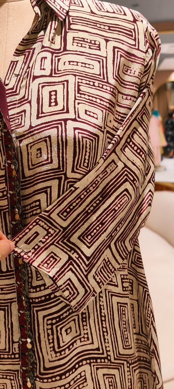 Black & Beige Abstract Geometric Printed Soft Crepe Full Sleeve Mandarin Collar Casual Shirt-