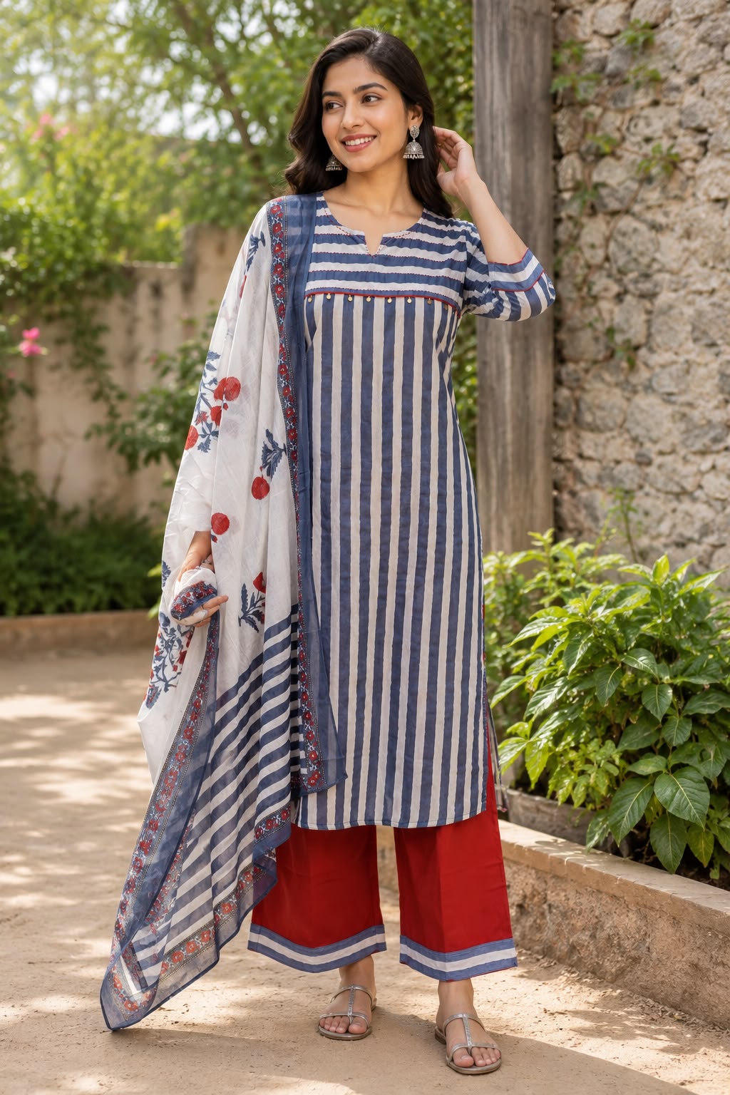 Striped Pure Cotton Long Kurta Full Suit Set with Floral Printed Dupatta-15174