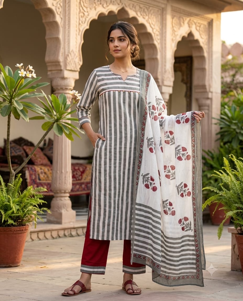Striped Pure Cotton Long Kurta Full Suit Set with Floral Printed Dupatta-15174