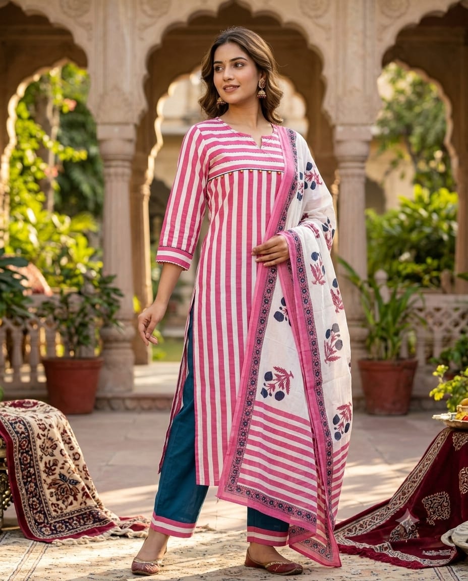 Striped Pure Cotton Long Kurta Full Suit Set with Floral Printed Dupatta-15174