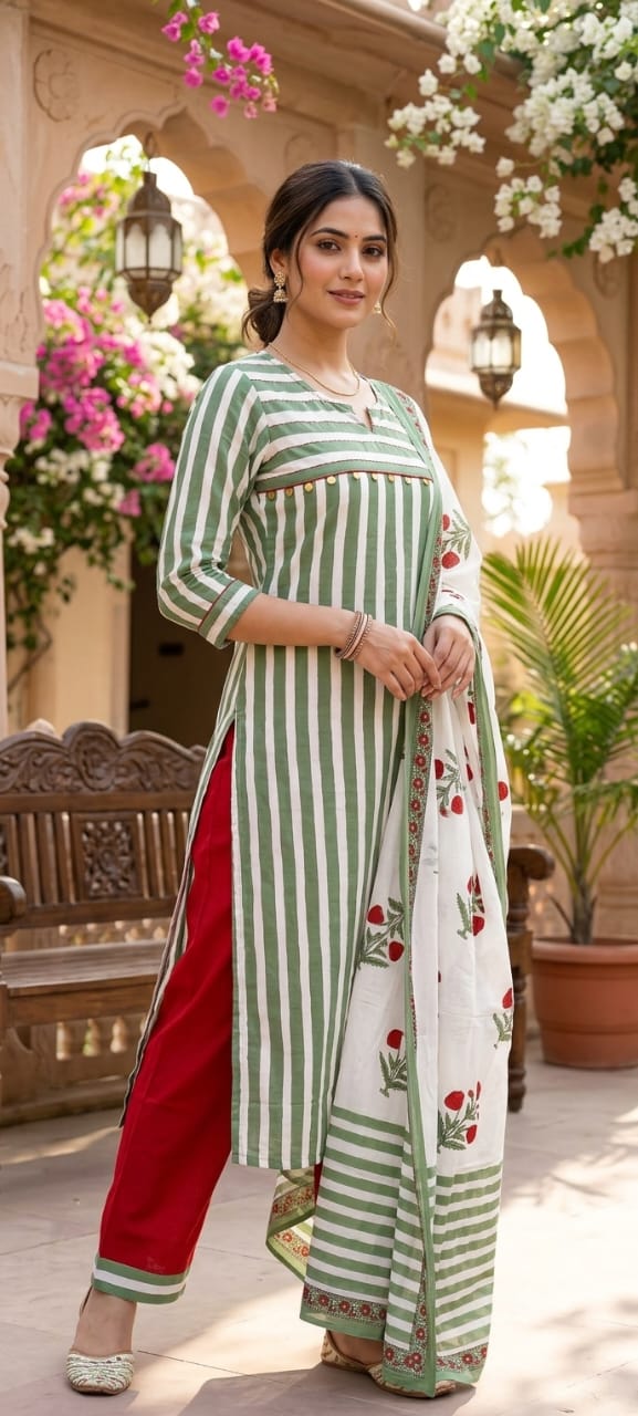 Striped Pure Cotton Long Kurta Full Suit Set with Floral Printed Dupatta-15174