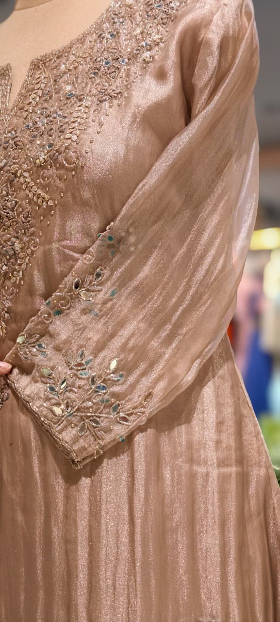 Mirror & Beadwork Yoke Rose-Gold Shimmer Crushed Tissue Full Suit Set with Dupatta- 15391