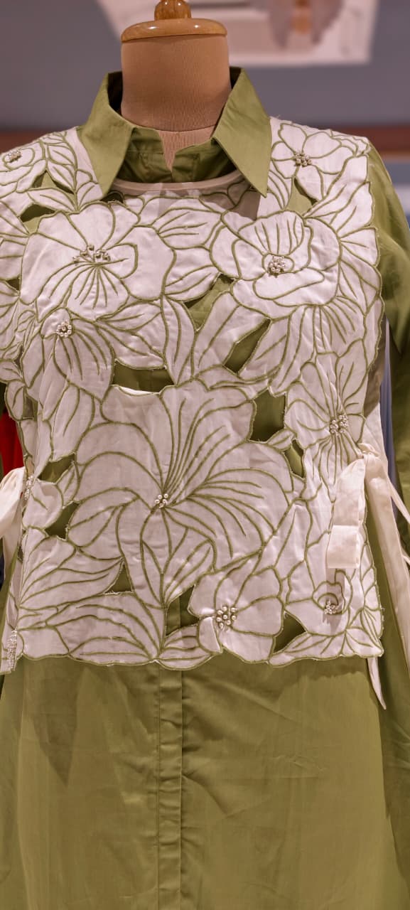 Glaze Cotton Midi Dress with Detachable Floral Cutwork Layer & Side Tie Knot- 15401