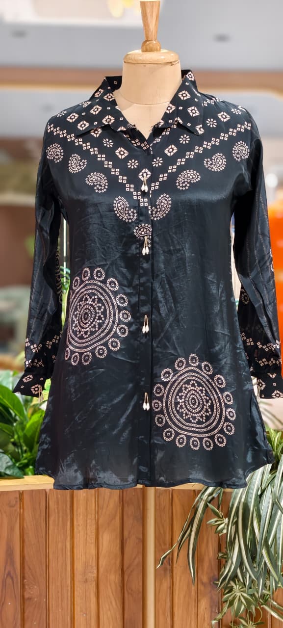 Midnight Glam Bandhej Printed Flowy Casual Crepe Shirt- 15323