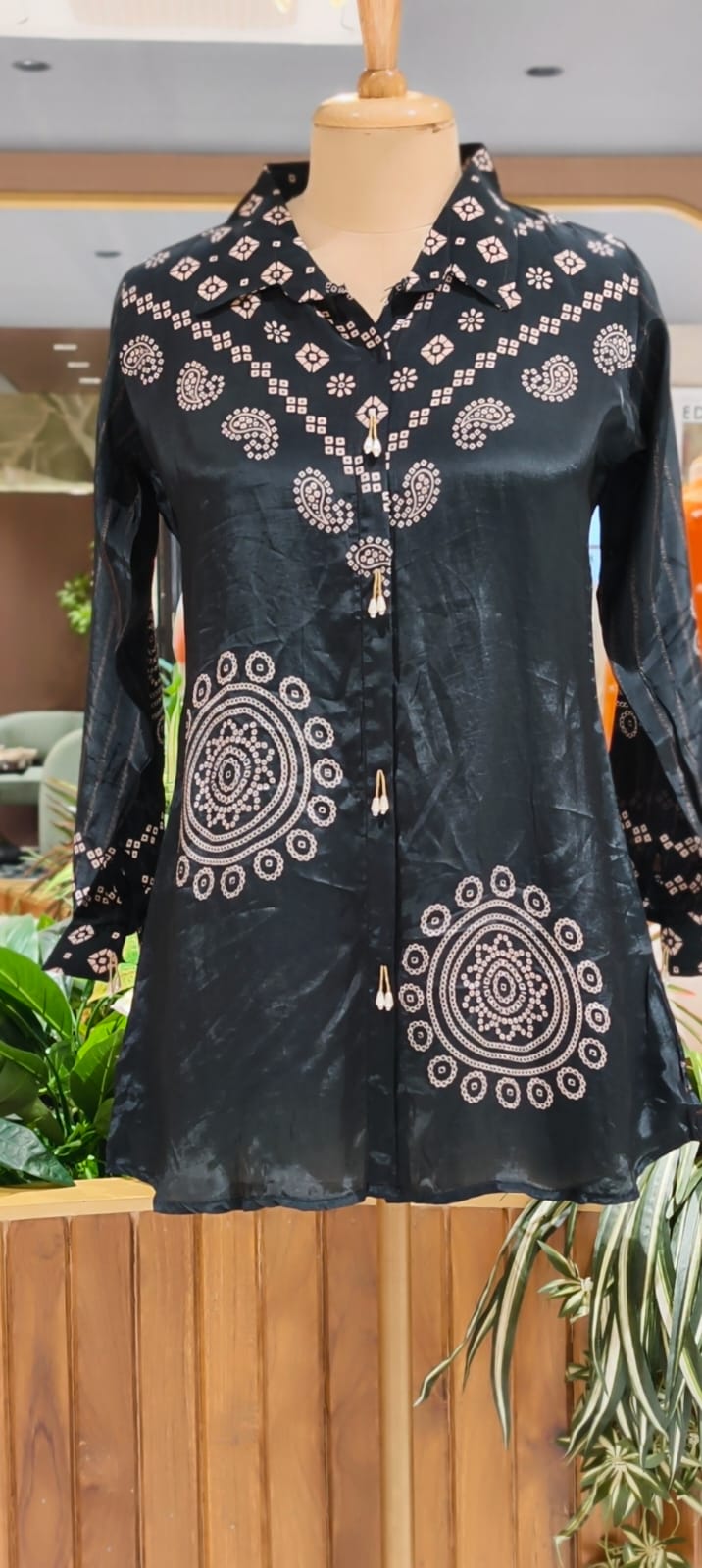 Midnight Glam Bandhej Printed Flowy Casual Crepe Shirt- 15323