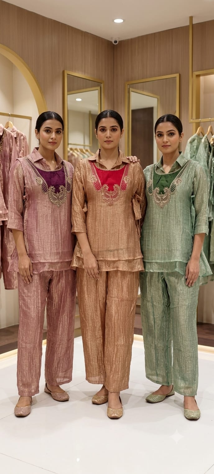 Elegant Contrasted Yoke Overlay Crush Tissue Festive Co-Ord Set- 15318