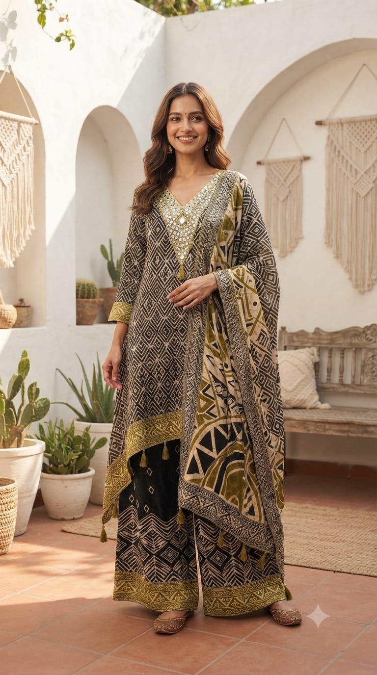 Tribal Inspired Tassel Accent Multi Printed Flowy Crepe Fancy Full Suit Set With Dupatta- 15418, 15419