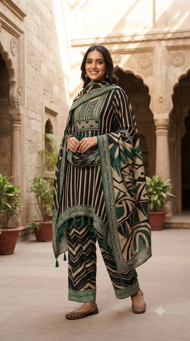 Boho Chich Tribal Inspired Multicolor Print Crepe Full Suit Set With Dupatta- 15417, 15120