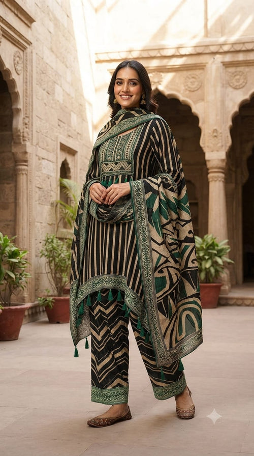 Boho Chich Tribal Inspired Multicolor Print Crepe Full Suit Set With Dupatta- 15417, 15120
