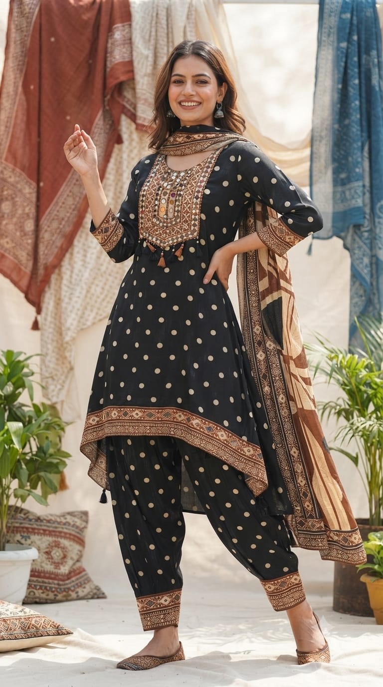 Boho Chich Tribal Inspired Multicolor Print Crepe Full Suit Set With Dupatta- 15417, 15120