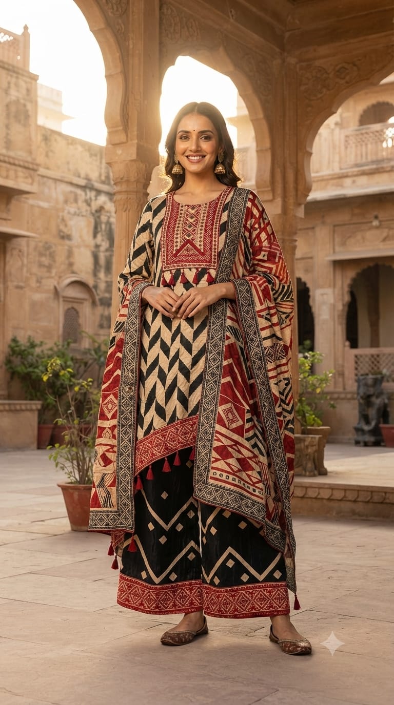 Tribal Inspired Tassel Accent Multi Printed Flowy Crepe Fancy Full Suit Set With Dupatta- 15418, 15419