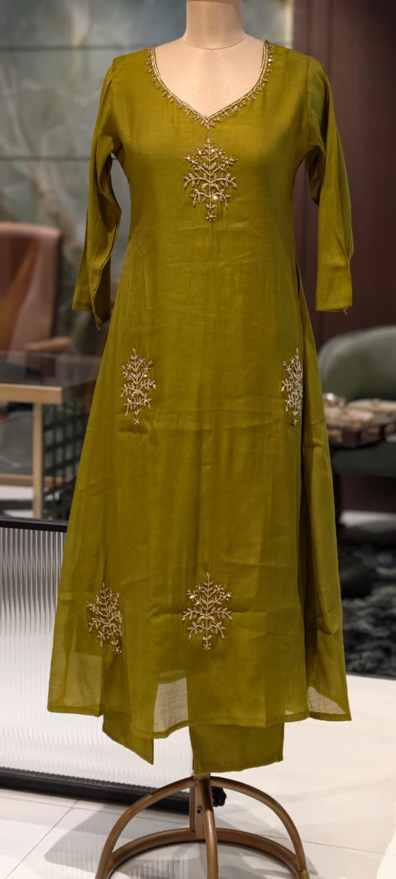 Lime Punch Zardosi Embroidered Surat Mul-Chanderi A-Line Dull Suit Set With Dupatta- 15101