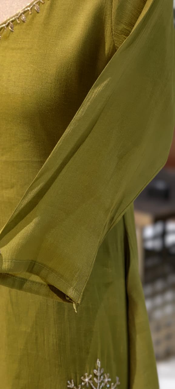 Lime Punch Zardosi Embroidered Surat Mul-Chanderi A-Line Dull Suit Set With Dupatta- 15101