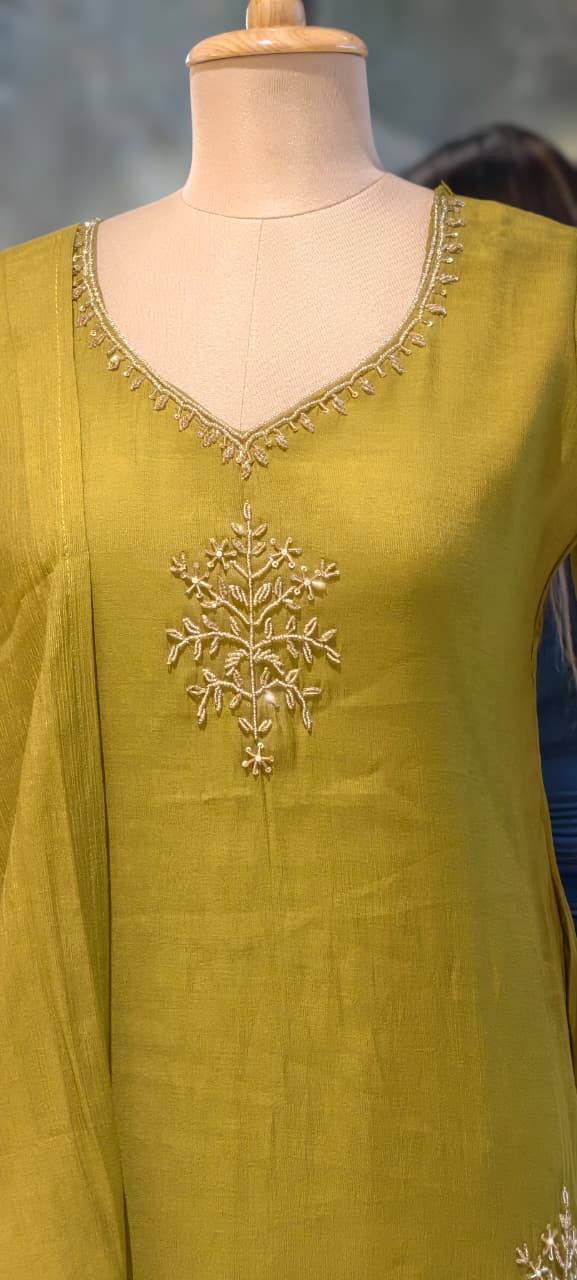 Lime Punch Zardosi Embroidered Surat Mul-Chanderi A-Line Dull Suit Set With Dupatta- 15101
