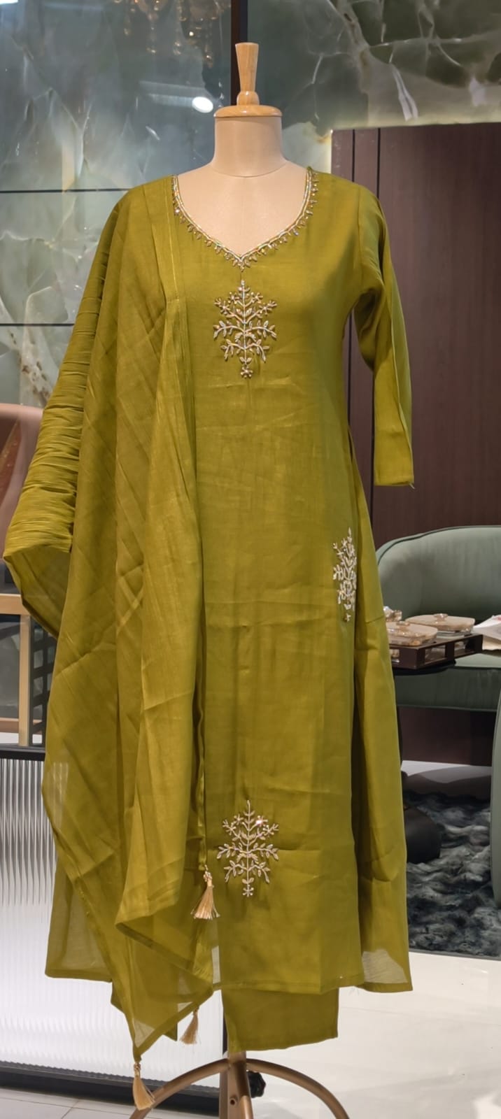 Lime Punch Zardosi Embroidered Surat Mul-Chanderi A-Line Dull Suit Set With Dupatta- 15101
