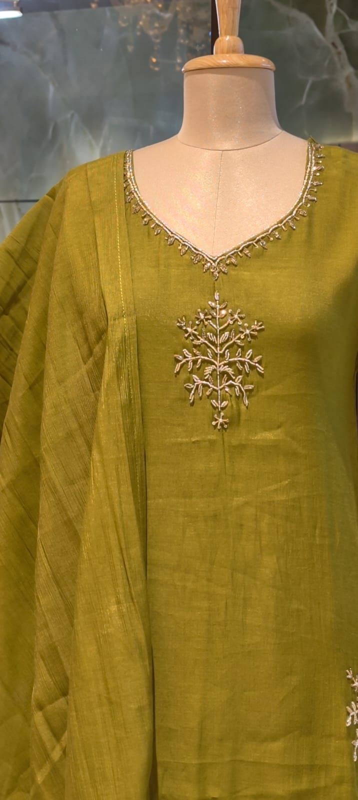 Lime Punch Zardosi Embroidered Surat Mul-Chanderi A-Line Dull Suit Set With Dupatta- 15101