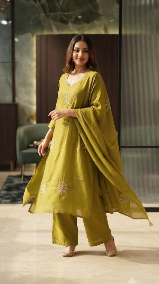 Lime Punch Zardosi Embroidered Surat Mul-Chanderi A-Line Dull Suit Set With Dupatta- 15101