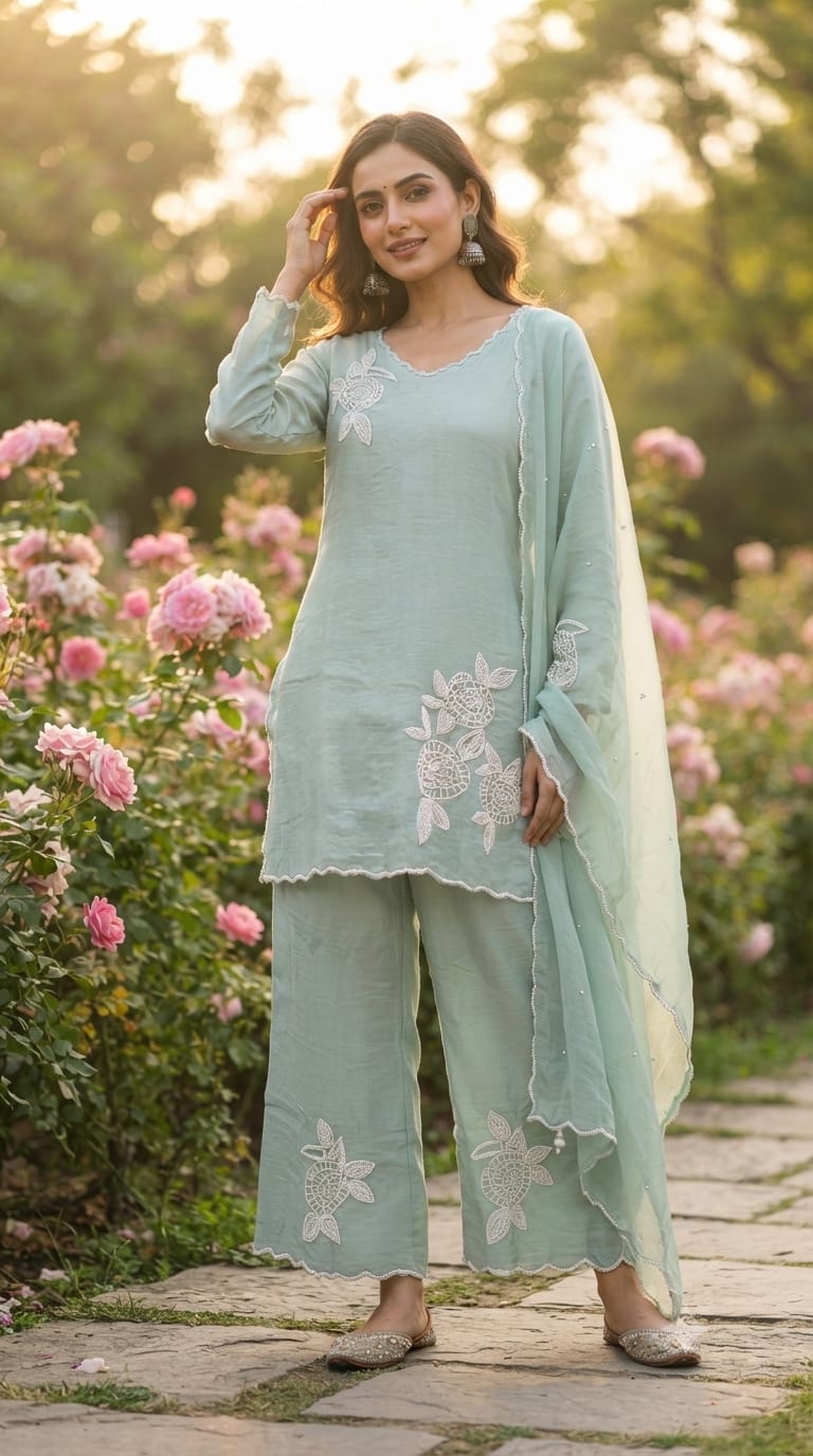Elegant Tiny Cut-Dana Embellished Banarasi Mul Chanderi Full Suit Set With Dupatta