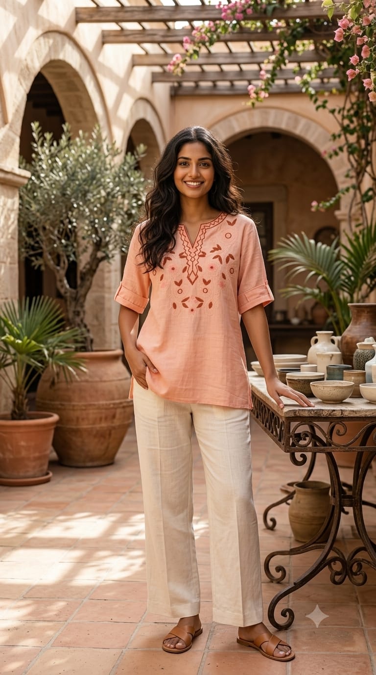 Mandarin Collar Floral Embroidered Split Neck Imported Tunic- 15137