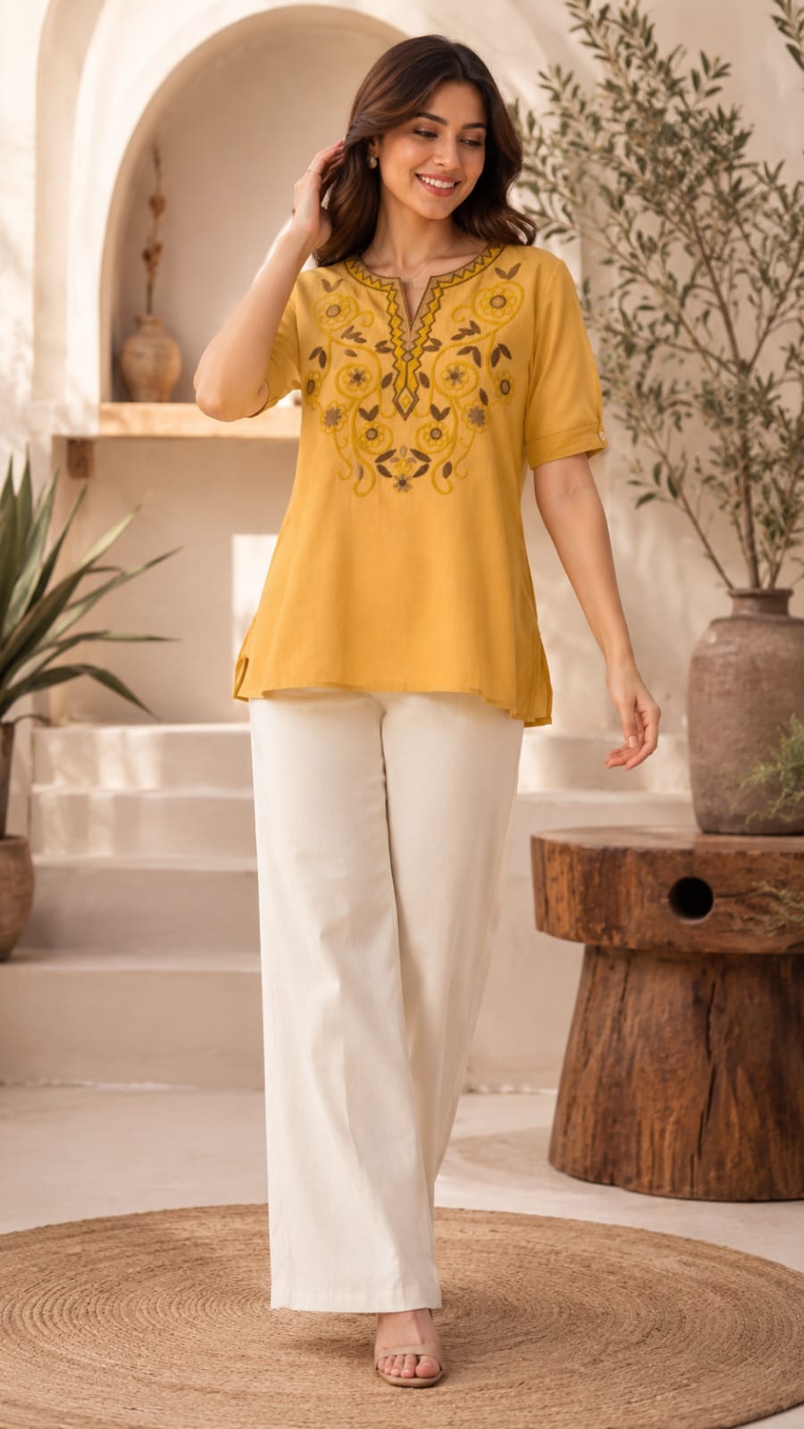 Mandarin Collar Floral Embroidered Split Neck Imported Tunic- 15137