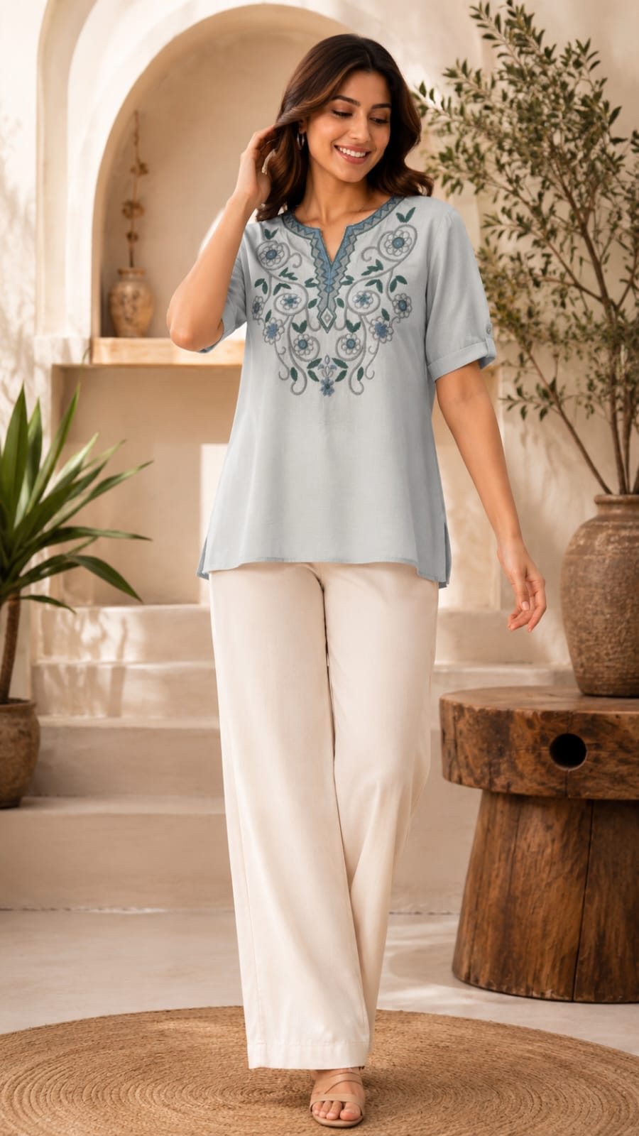 Mandarin Collar Floral Embroidered Split Neck Imported Tunic- 15137